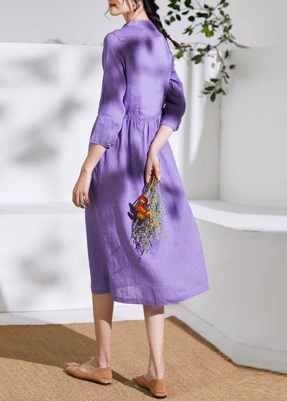 Handmade stand collar drawstring linen summer Wardrobes Runway purple Dress - SooLinen