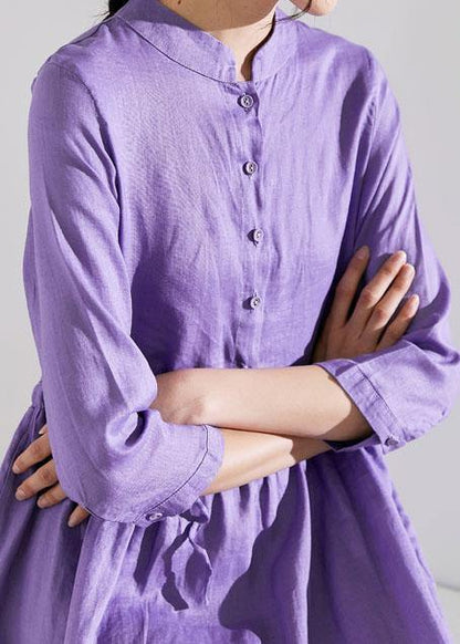 Handmade stand collar drawstring linen summer Wardrobes Runway purple Dress - SooLinen