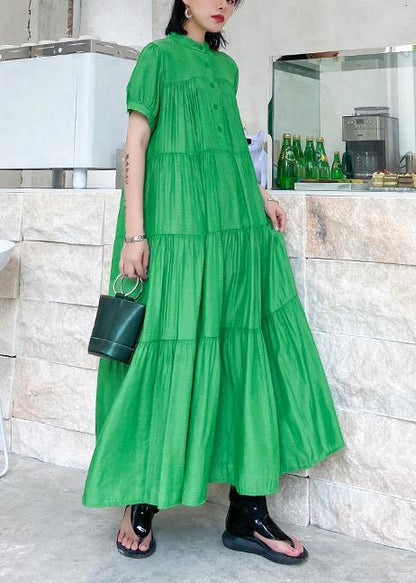 Handmade stand collar Cinched cotton dresses Wardrobes green long Dresses - SooLinen