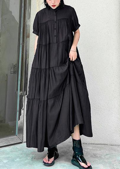 Handmade stand collar Cinched cotton dresses Wardrobes green long Dresses - SooLinen