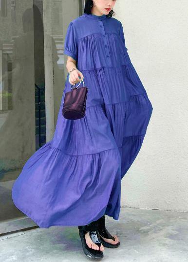 Handmade stand collar Cinched cotton dresses Wardrobes green long Dresses - SooLinen