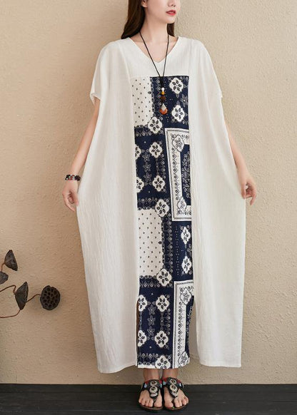 Handmade v neck Fashion Ideas white patchwork print Dresses - SooLinen