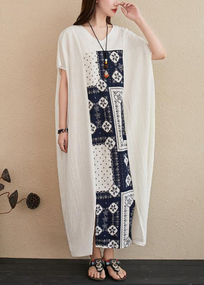 Handmade v neck Fashion Ideas white patchwork print Dresses - SooLinen
