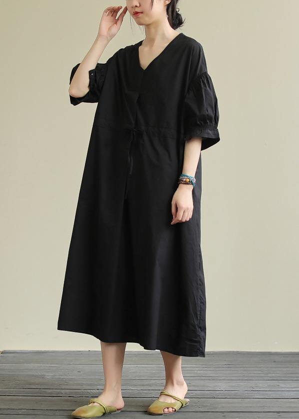 Handmade v neck drawstring cotton tunic dress Work black Traveling Dress - SooLinen