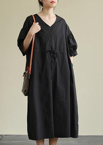 Handmade v neck drawstring cotton tunic dress Work black Traveling Dress - SooLinen