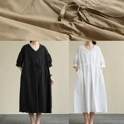 Handmade v neck drawstring cotton tunic dress Work black Traveling Dress - SooLinen
