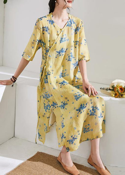 Handmade v neck half sleeve linen summer dresses Shirts yellow print Dress - SooLinen