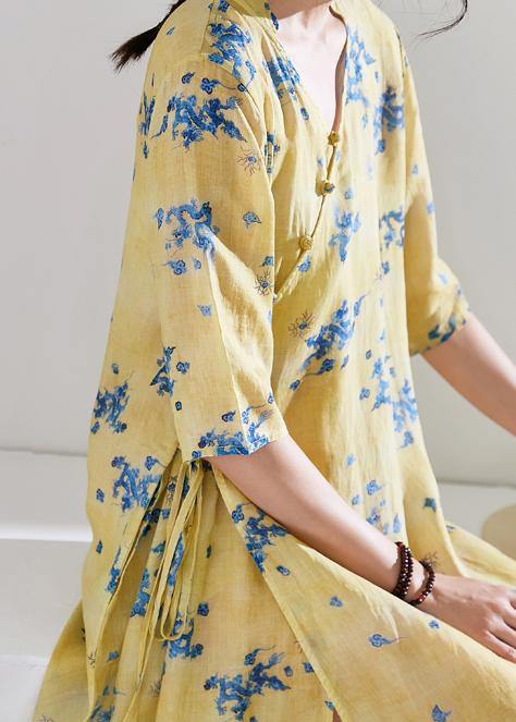 Handmade v neck half sleeve linen summer dresses Shirts yellow print Dress - SooLinen