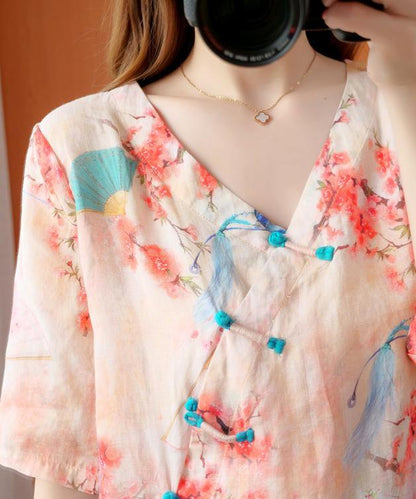 Handmade v neck half sleeve summer tops women floral shirts - SooLinen