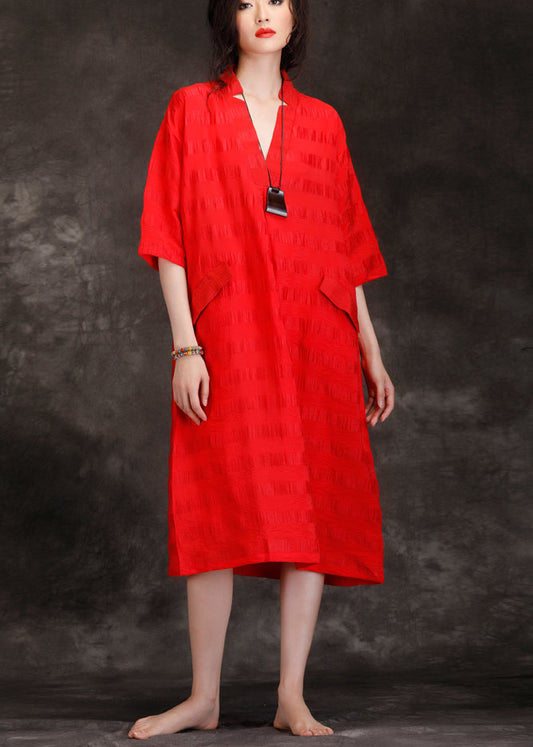 Handgemachte V-Ausschnitt Patchwork Leinen gemischt Tuniken feine Form rot Kunst Kleider Sommer