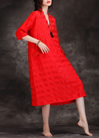 Handgemachte V-Ausschnitt Patchwork Leinen gemischt Tuniken feine Form rot Kunst Kleider Sommer