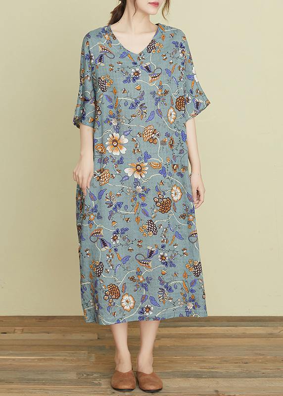 Handmade v neck pockets summer Wardrobes Sewing gray print Robe Dresses - SooLinen