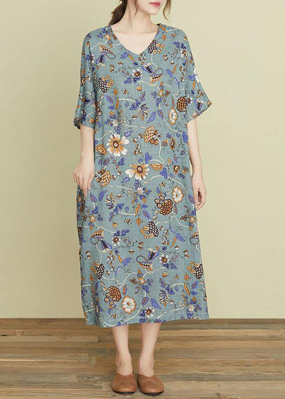 Handmade v neck pockets summer Wardrobes Sewing gray print Robe Dresses - SooLinen