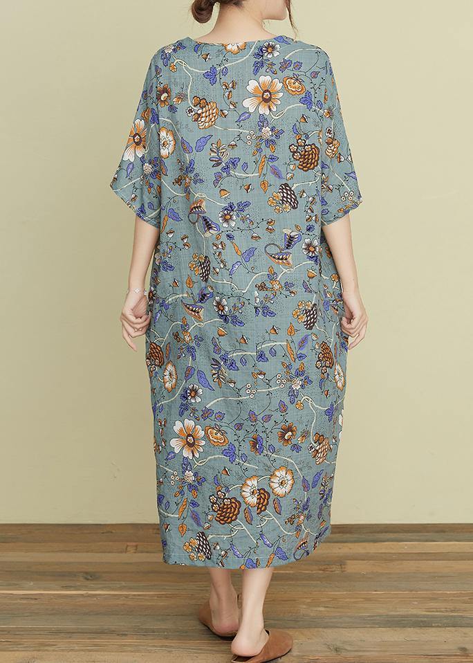 Handmade v neck pockets summer Wardrobes Sewing gray print Robe Dresses - SooLinen