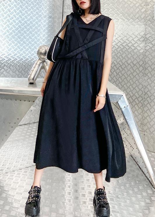 Handmade v neck sleeveless summer clothes For Women Sewing black Dress - SooLinen