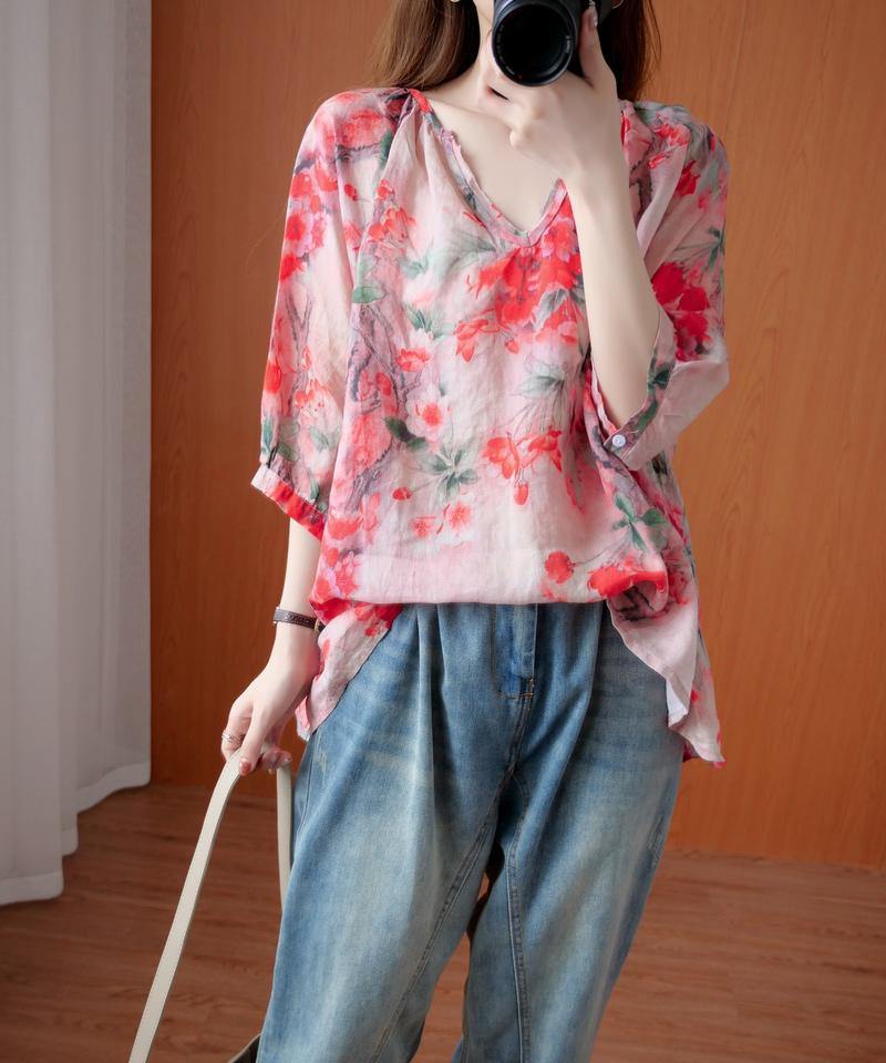Handmade v neck summer Shirts Wardrobes red print blouses - SooLinen