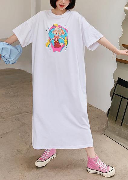 Handmade white Cartoon anime print dress o neck Robe Dresses - SooLinen