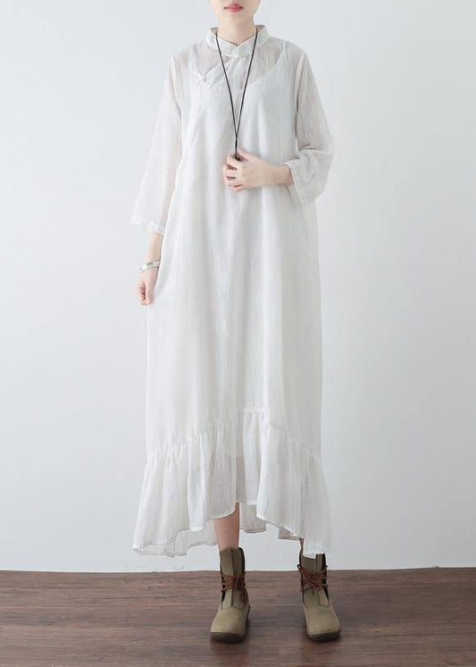 Handmade white chiffon dresses Fitted Tutorials stand collar Cinched Plus Size Clothing Summer Dresses - SooLinen