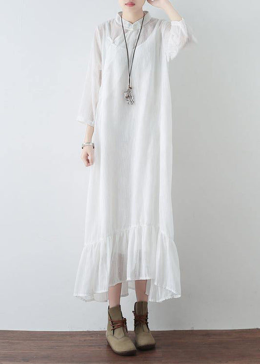 Handmade white chiffon dresses Fitted Tutorials stand collar Cinched Plus Size Clothing Summer Dresses - SooLinen