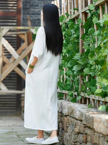 Handmade white cotton linen clothes For Women o neck half sleeve Maxi Dress - SooLinen