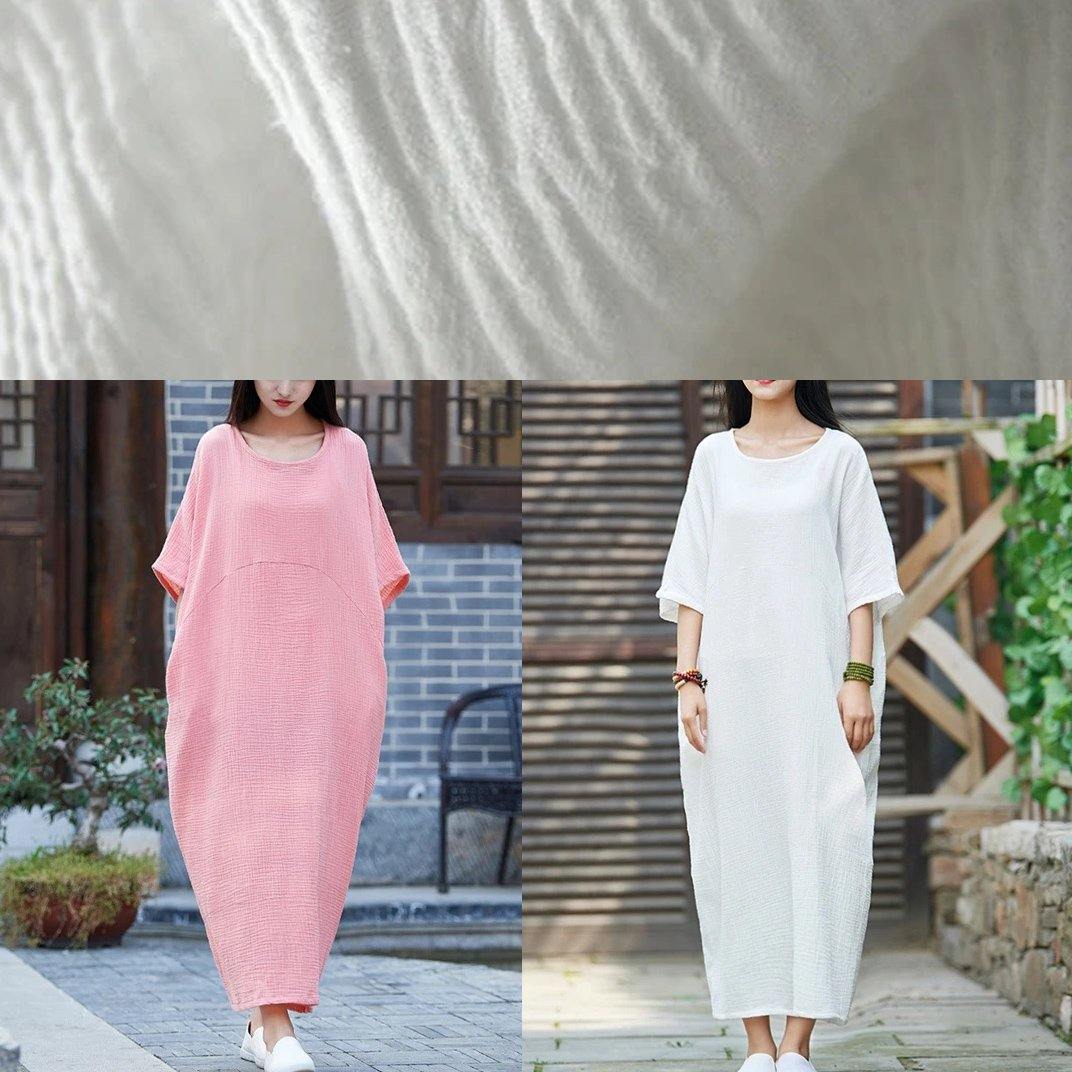 Handmade white cotton linen clothes For Women o neck half sleeve Maxi Dress - SooLinen