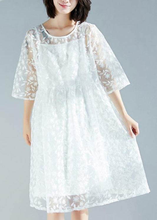 Handgemachtes weißes Kleid 2019 O-Ausschnitt Cinched A-Linie Sommerkleider