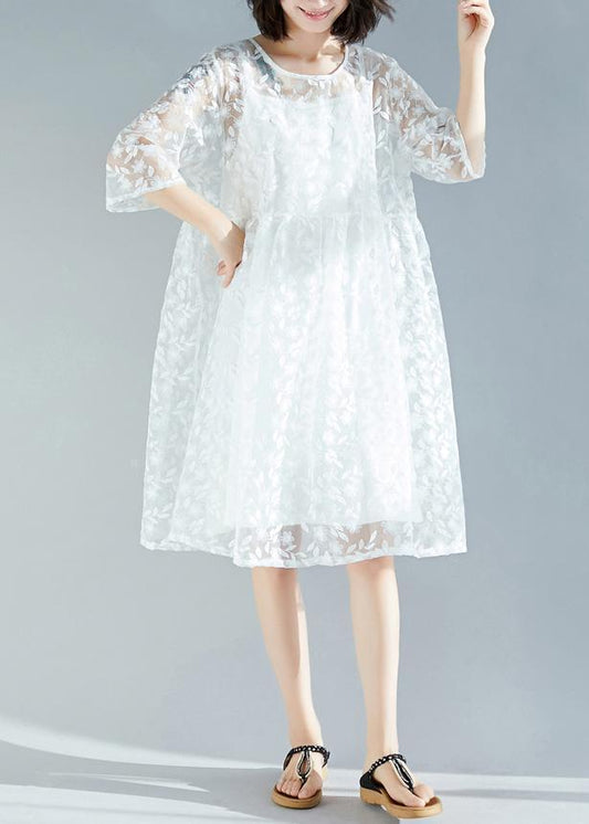 Handgemachtes weißes Kleid 2019 O-Ausschnitt Cinched A-Linie Sommerkleider