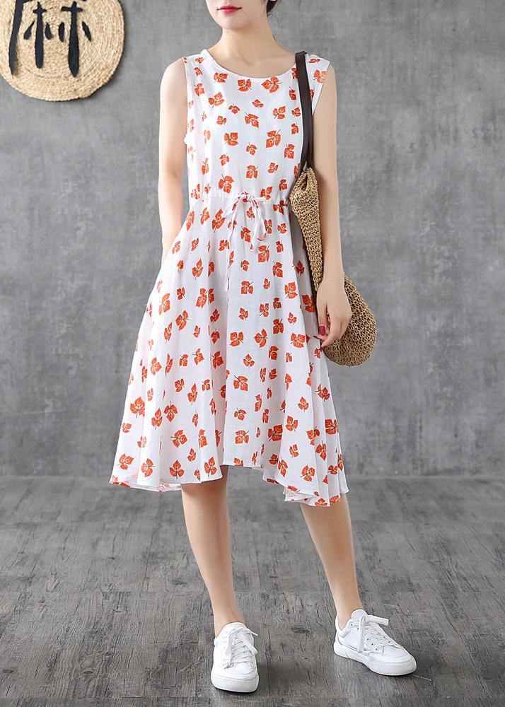 Handmade white print linen Long Shirts sleeveless cotton summer Dress - SooLinen