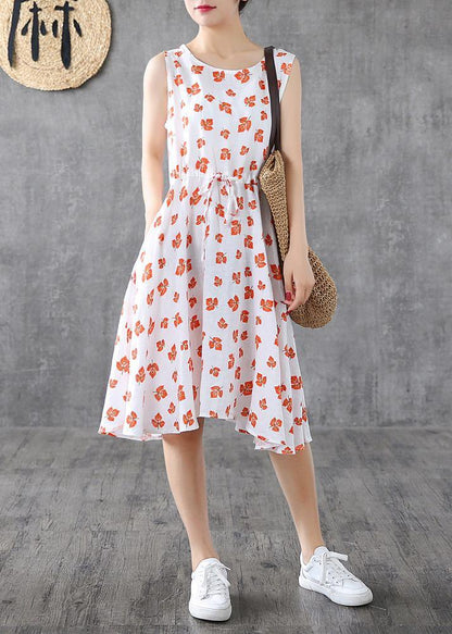 Handmade white print linen Long Shirts sleeveless cotton summer Dress - SooLinen