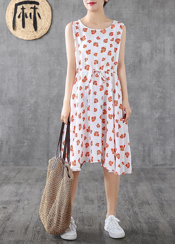 Handmade white print linen Long Shirts sleeveless cotton summer Dress - SooLinen