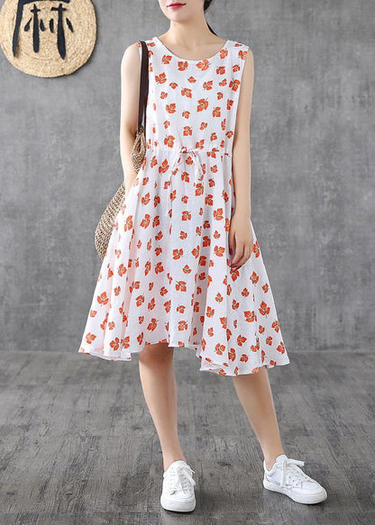 Handmade white print linen Long Shirts sleeveless cotton summer Dress - SooLinen