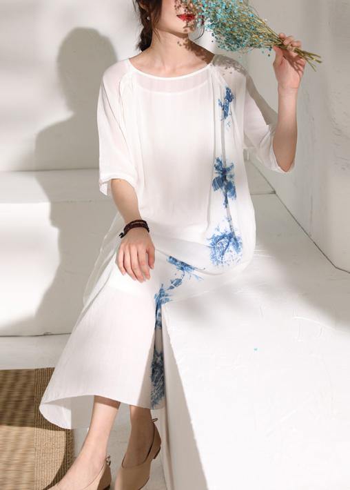 Handmade white print linen clothes For Women o neck half sleeve A Line summer Dresses - SooLinen