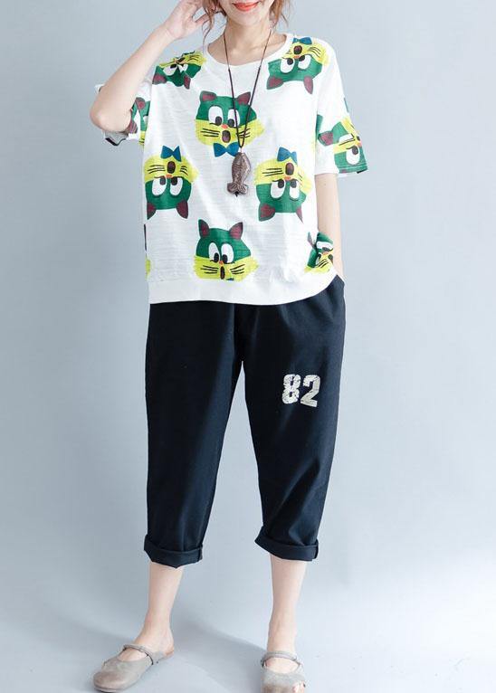 Handmade white prints cotton crane tops o neck Art summer shirt - SooLinen