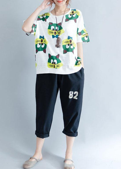 Handmade white prints cotton crane tops o neck Art summer shirt - SooLinen