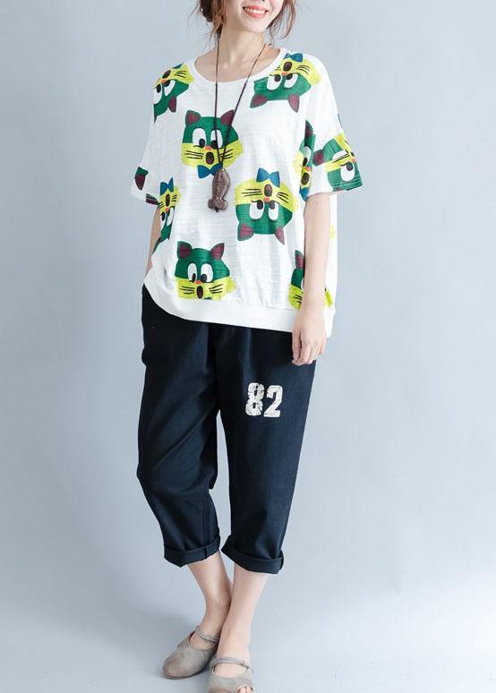 Handmade white prints cotton crane tops o neck Art summer shirt - SooLinen