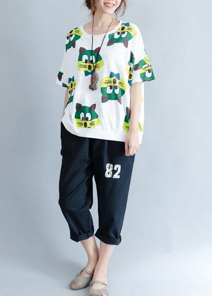 Handmade white prints cotton crane tops o neck Art summer shirt - SooLinen