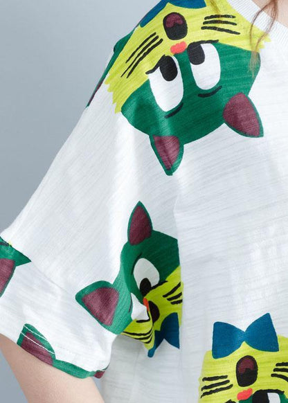 Handmade white prints cotton crane tops o neck Art summer shirt - SooLinen