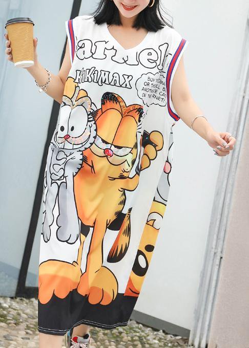 Handmade white prints cotton dresses v neck cotton summer Dress - SooLinen