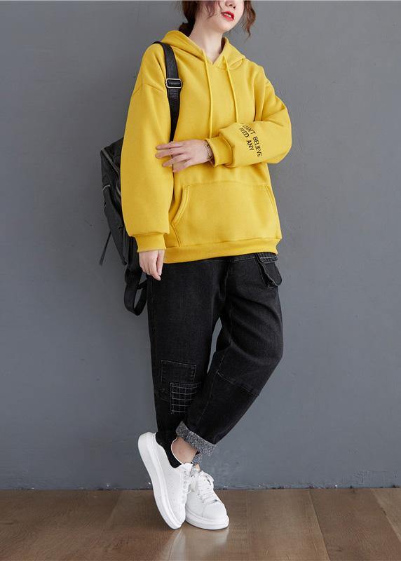 Handmade yellow Letter top hooded drawstring shirts - SooLinen