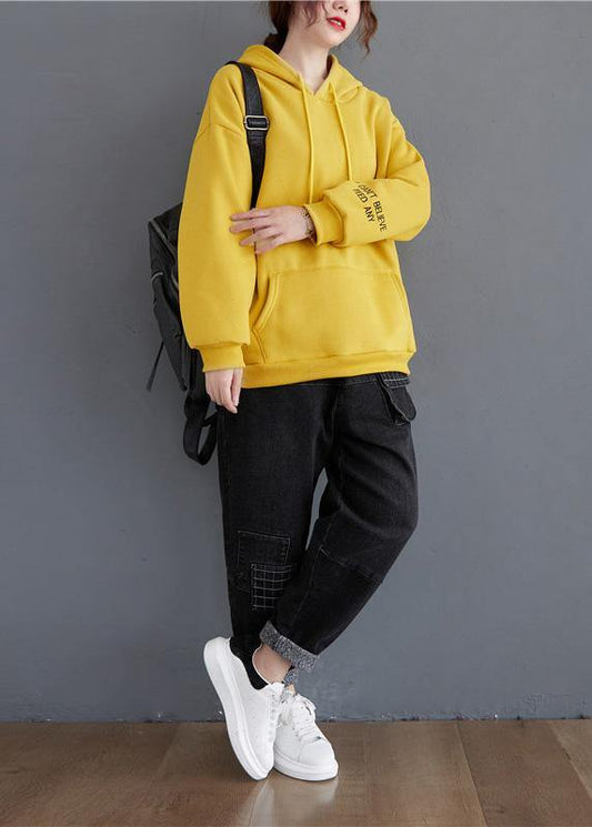 Handmade yellow Letter top hooded drawstring shirts - SooLinen