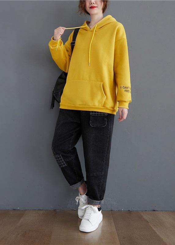 Handmade yellow Letter top hooded drawstring shirts - SooLinen
