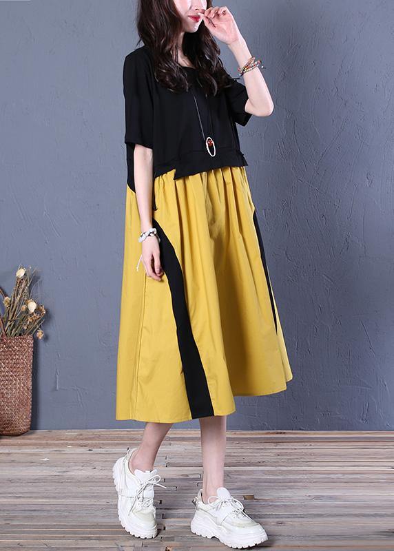 Handmade yellow cotton clothes For Women o neck patchwork cotton summer Dresses - SooLinen
