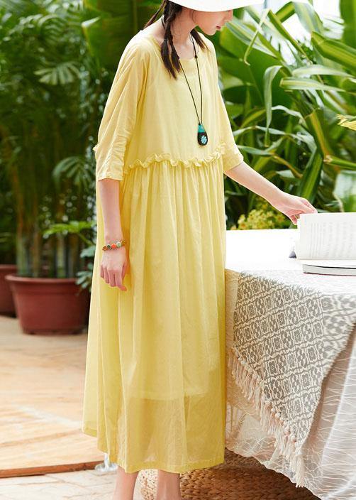 Handmade yellow cotton linen clothes o neck half sleeve Maxi summer Dresses - SooLinen