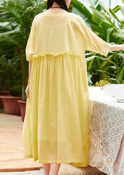 Handmade yellow cotton linen clothes o neck half sleeve Maxi summer Dresses - SooLinen