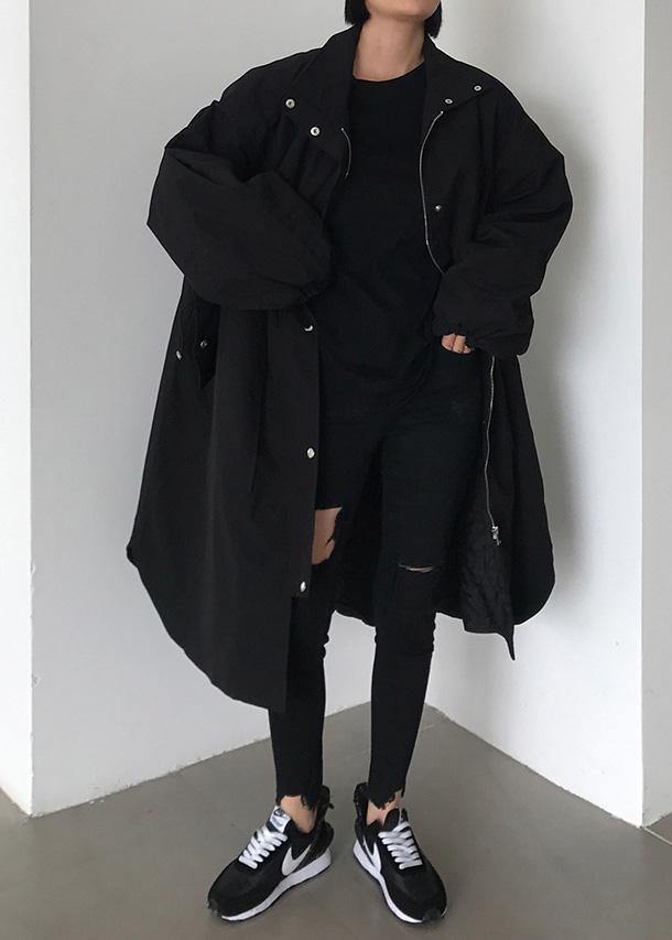 Handmade zippered Fashion lapel collar crane coats black baggy women coats - SooLinen