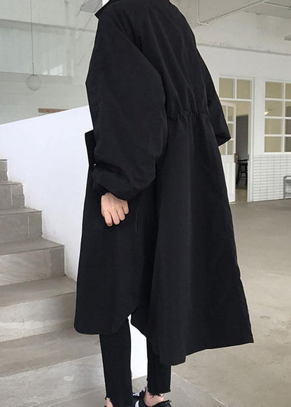 Handmade zippered Fashion lapel collar crane coats black baggy women coats - SooLinen