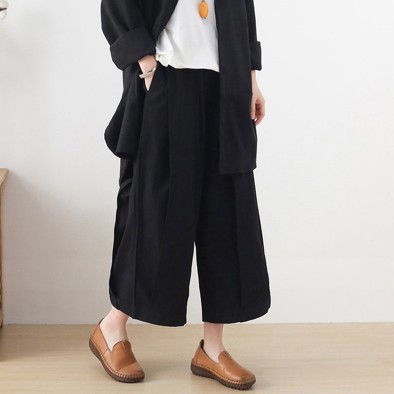 Handgemachte Frühlingshose mit weitem Bein, lockere schwarze Fotografie-Hose mit elastischer Taille