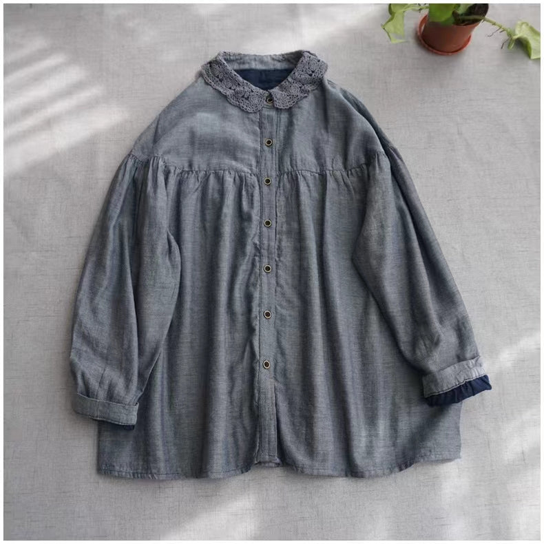 Handgemachte O-Ausschnitt Stickerei Kranich Tops Weihnachtsgeschenke blaue Bluse