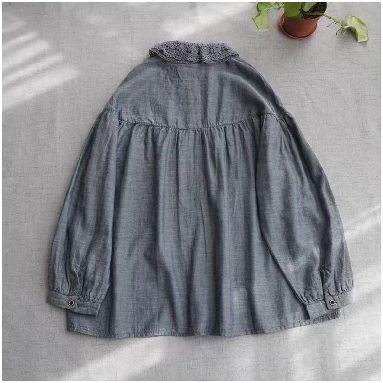 Handgemachte O-Ausschnitt Stickerei Kranich Tops Weihnachtsgeschenke blaue Bluse