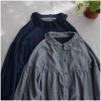 Handgemachte O-Ausschnitt Stickerei Kranich Tops Weihnachtsgeschenke blaue Bluse